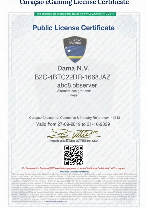 giấy phép ABC8 được cấp từ cơ quan Quản lý Trò chơi Curaçao
